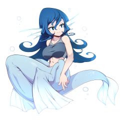 Rule 34 | 1girl, absurdres, blue hair, breasts, closed mouth, commentary, english commentary, fins, full body, green eyes, hair between eyes, head fins, highres, large breasts, long hair, looking to the side, mermaid, midriff, monster girl, navel, original, simple background, sleeveless, slugbox, solo, white background