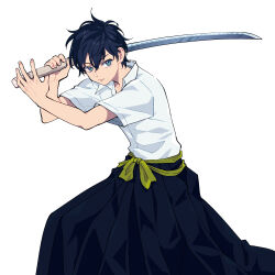 Rule 34 | 1boy, black hair, blue eyes, collared shirt, commentary request, expressionless, fighting stance, hakama, hakama skirt, highres, holding, holding sword, holding weapon, japanese clothes, male focus, original, shirt, skirt, solo, sword, weapon, white shirt, yonchi