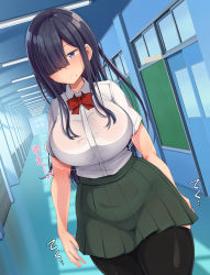 Rule 34 | 1girl, arms at sides, black hair, black thighhighs, blush, bow, bowtie, breasts, closed mouth, cowboy shot, dutch angle, emaason, embarrassed, female focus, green skirt, hair over one eye, highres, huge breasts, indoors, kuronuma honoka, legs, long hair, looking at viewer, mole, mole under mouth, motion lines, original, pleated skirt, purple eyes, red neckwear, school, school uniform, shirt, skirt, solo, sound effects, standing, thighhighs, thighs, white shirt