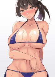 Rule 34 | 1girl, bikini, blue bikini, breasts, brown eyes, brown hair, commentary request, cowboy shot, gin&#039;ichi (akacia), kaga (kancolle), kantai collection, large breasts, long hair, looking at viewer, one-hour drawing challenge, side-tie bikini bottom, side ponytail, simple background, solo, sweat, swimsuit, wavy mouth, white background