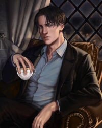 Rule 34 | 1boy, artist name, black hair, black suit, chair, cup, curtains, formal, grey shirt, highres, holding, holding cup, indoors, lauregal, levi (shingeki no kyojin), looking at viewer, male focus, realistic, shingeki no kyojin, shirt, sitting, solo, suit, teacup, window