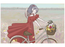 Rule 34 | 1girl, absurdres, bicycle, bicycle basket, blunt bangs, choker, closed eyes, daisy, dress, flower, flower basket, freckles, grey hair, grin, hat, hat on back, hat ribbon, headband, highres, horizon, leaf, mallllma, off-shoulder dress, off shoulder, original, outdoors, parted lips, puffy short sleeves, puffy sleeves, pushing bicycle, red choker, red dress, red flower, red headband, red ribbon, red theme, ribbon, short hair, short sleeves, sky, smile, solo, spaghetti strap, sun hat, white flower, wind, wind lift, yellow flower