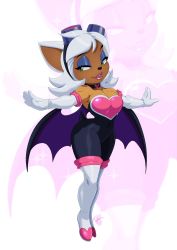 Rule 34 | 1girl, ass, bat wings, boots, breasts, choker, cleavage, dark skin, dark-skinned female, elbow gloves, gloves, goggles, goggles on head, green eyes, highres, huge ass, jumpsuit, large breasts, rouge the bat, sega, shirt, smile, sonic (series), sonic (series), thigh gap, thighs, tovio rogers, white shirt, wings