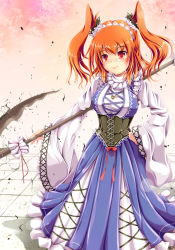Rule 34 | 1girl, alternate costume, blue dress, coin, corset, dress, female focus, gothic lolita, hair ornament, hairband, hand on own hip, highres, ichirino minagi, jewelry, layered dress, lolita fashion, lolita hairband, long sleeves, necklace, onozuka komachi, pendant, red eyes, red hair, scrunchie, scythe, smile, solo, tile floor, tiles, touhou, twintails, two side up, white dress, wide sleeves