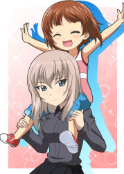 Rule 34 | 2girls, :d, aged down, black skirt, blue eyes, blue shorts, brown hair, carrying, closed eyes, closed mouth, commentary request, dress shirt, girls und panzer, grey shirt, hanzou, highres, itsumi erika, kuromorimine school uniform, long sleeves, looking at viewer, medium hair, multiple girls, nishizumi miho, no socks, open mouth, outstretched arms, pink shirt, pleated skirt, red footwear, school uniform, shirt, shoes, short hair, shorts, shoulder carry, silhouette, silver hair, skirt, smile, sneakers, sparkle, spread arms, sweatdrop, tank top, wing collar