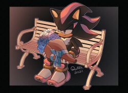 Rule 34 | 1boy, 2021, bench, black border, border, bouquet, flower, full body, furry, furry male, gloves, gradient background, grey outline, holding, holding bouquet, male focus, quark196, shadow the hedgehog, signature, sitting, solo, sonic (series), white fur, white gloves