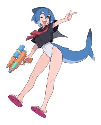 Rule 34 | 1girl, azuumori, bare legs, black sailor collar, black shirt, blue hair, covered navel, fins, fish tail, flip-flops, full body, hair between eyes, highres, index finger raised, mako (azuumori), multicolored hair, neckerchief, one-piece swimsuit, one eye closed, open mouth, original, red eyes, red neckerchief, sailor collar, sandals, shadow, shark fin, shark girl, shark tail, shirt, simple background, smile, solo, standing, swimsuit, swimsuit under clothes, tail, water gun, white background, white one-piece swimsuit