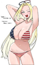Rule 34 | 1girl, america (ohasi), american flag, american flag bikini, american flag print, bikini, blonde hair, blue eyes, breasts, cleavage, collarbone, english text, eyewear on head, flag print, large breasts, long hair, looking at viewer, navel, ohasi, open mouth, original, print swimsuit, simple background, smile, solo, swimsuit, white background