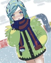Rule 34 | 1boy, :d, blue mittens, blue scarf, bottomless, commentary request, creatures (company), day, game freak, green eyes, green hair, grusha (pokemon), hand in pocket, hand up, highres, jacket, looking at viewer, lower teeth only, male focus, medium hair, mittens, nintendo, open mouth, outdoors, poke ball print, pokemon, pokemon sv, scarf, smile, snowing, solo, striped clothes, striped scarf, teeth, yellow jacket, zerogiga