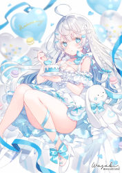 Rule 34 | 1girl, :o, ahoge, bare legs, birthday, birthday cake, blue archive, blue bow, blush, bow, breasts, cake, dress, floating, food, footwear bow, frilled dress, frilled sleeves, frills, highres, hip focus, looking at viewer, neru (blue archive), no panties, signature, sitting, small breasts, solo, wasabi (sekai), white background, white dress, white hair