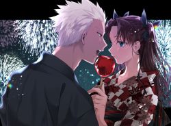 Rule 34 | 1boy, 1girl, archer (fate), black kimono, blue bow, blue eyes, bow, brown eyes, brown hair, candy apple, checkered clothes, checkered kimono, clematis (flower), collarbone, couple, eye contact, fate/stay night, fate (series), fireworks, floral print, flower, food, hair bow, hair intakes, half-closed eyes, japanese clothes, kimono, long hair, looking at another, obi, open mouth, print kimono, red kimono, sash, shimatori (sanyyyy), silver hair, spiked hair, tohsaka rin, twintails, upper body, yukata
