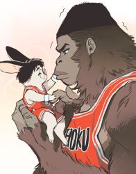 Rule 34 | 2boys, akagi takenori, animal, animal on hand, animalization, basketball jersey, basketball uniform, closed eyes, closed mouth, from side, full body, glasses, gorilla, gradient background, hands on another&#039;s face, holding, holding animal, implied yaoi, ke (ke sd), kogure kiminobu, looking at another, male focus, multiple boys, rabbit, red tank top, simple background, sitting, sitting on person, slam dunk (series), smile, sportswear, tank top, upper body, yellow background