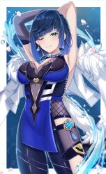 Rule 34 | 1girl, ;), armpits, arms up, bare shoulders, black pants, blue dress, blue hair, blunt bangs, breasts, cleavage, cocoa 11vv, commentary, cowboy shot, dress, earrings, fur-trimmed jacket, fur trim, genshin impact, green eyes, highres, jacket, jewelry, large breasts, leggings, looking at viewer, one eye closed, pants, purple lips, short hair, sleeveless, sleeveless dress, smile, solo, standing, thighs, white jacket, yelan (genshin impact)