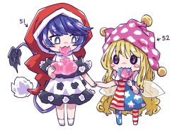Rule 34 | 2girls, american flag dress, american flag legwear, arm up, arrow (symbol), bare shoulders, black dress, black eyes, blonde hair, blue dress, blue pants, blush, candy, closed mouth, clownpiece, doremy sweet, dress, eating, fairy wings, food, full body, hair between eyes, hand up, hands up, hat, jester cap, lana151, lollipop, long hair, looking at another, looking away, multicolored clothes, multicolored dress, multicolored eyes, multicolored pants, multiple girls, no shoes, numbered, off-shoulder dress, off shoulder, pants, pink eyes, pink headwear, polka dot, pom pom (clothes), purple eyes, purple hair, red dress, red headwear, red pants, short hair, short sleeves, simple background, smile, socks, standing, star (symbol), star print, striped clothes, striped dress, striped pants, tail, touhou, very long hair, very short hair, wavy hair, white background, white dress, white eyes, white legwear, white pants, wings