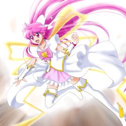 Rule 34 | 10s, 1girl, :d, aino megumi, aitaso, boots, bow, brooch, cure lovely, forever lovely, full body, hair bow, happinesscharge precure!, heart, heart brooch, jewelry, long hair, magical girl, open mouth, pink bow, pink eyes, pink hair, pink skirt, precure, ribbon, skirt, smile, solo, thigh boots, thighhighs, very long hair, white footwear, white thighhighs, wrist cuffs
