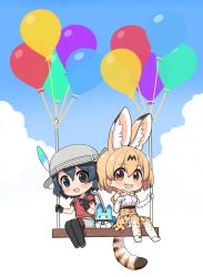 Rule 34 | 2girls, :3, animal ear fluff, animal ears, backpack, bag, balloon, bare shoulders, black gloves, black hair, black legwear, blonde hair, blouse, blush, bow, bowtie, cloud, commentary request, elbow gloves, extra ears, gloves, hat feather, helmet, high-waist skirt, kaban (kemono friends), kemono friends, looking at viewer, lucky beast (kemono friends), multiple girls, open mouth, pantyhose, paw pose, pith helmet, print gloves, print legwear, print neckwear, print skirt, ransusan, red shirt, serval (kemono friends), serval print, serval tail, shirt, short hair, short sleeves, shorts, sitting, skirt, sky, sleeveless, swing, t-shirt, tail, thighhighs, traditional bowtie, waving, white shirt, yellow eyes