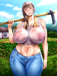 Rule 34 | 1girl, absurdres, arm at side, blurry, blurry background, blush, breasts, brown hair, day, denim, feet out of frame, female focus, grin, groin, grs, highres, huge breasts, ijise (ijiisenoyatu), inaka ni hikkoshita fuufu, inverted nipples, jeans, jewelry, legs, light rays, long hair, looking at viewer, low ponytail, midriff, mole, mole under eye, mole under mouth, navel, no bra, original, outdoors, over shoulder, pants, puffy areolae, red eyes, ring, see-through, sky, smile, solo, standing, sweat, thighs, wedding band, wet, wet clothes