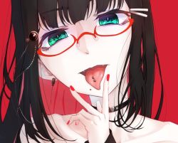 Rule 34 | 1girl, black choker, black hair, choker, colored inner hair, copyright request, cunnilingus gesture, earrings, fangs, fingernails, glasses, green eyes, hair ornament, hairclip, head tilt, jewelry, kurosawa dia, long hair, looking at viewer, multicolored hair, nail polish, nasuno (nasuno42), piercing, portrait, red-framed eyewear, red background, red hair, red nails, semi-rimless eyewear, simple background, slit pupils, smile, solo, tongue, tongue out, tongue piercing, under-rim eyewear, v