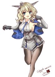 Rule 34 | 1girl, artist logo, artist name, black pantyhose, blonde hair, blue eyes, blue necktie, braid, breasts, capelet, character name, colorado (kancolle), dated, dress, elbow gloves, garrison cap, gloves, grey capelet, grey dress, grey hat, hat, headgear, kantai collection, large breasts, michaelsch55, necktie, open mouth, pantyhose, pleated dress, shirt, short hair, side braids, sideboob, sideless shirt, sleeveless, solo, standing, standing on one leg, twitter username, white shirt