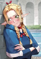Rule 34 | 1girl, against wall, artist name, blonde hair, blue capelet, blush, braid, capelet, choker, commentary, crossed arms, dungeon meshi, ear wiggle, elf, english commentary, forehead, grass, green eyes, highres, long hair, long sleeves, looking to the side, marcille donato, pointy ears, red choker, red ribbon, ribbon, robusta mania, shy, sideways glance, solo, sweat, twin braids, upper body, water