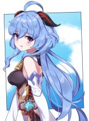 Rule 34 | ahoge, bare shoulders, bell, blue hair, blush, breasts, chinese knot, detached sleeves, flower knot, from side, ganyu (genshin impact), genshin impact, gold trim, highres, horns, long hair, looking at viewer, low ponytail, medium breasts, neck bell, pocchari, purple eyes, sidelocks, smile, solo, upper body, vision (genshin impact), white sleeves