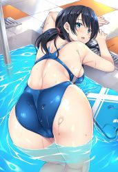 Rule 34 | 1girl, ass, black hair, blue eyes, blue one-piece swimsuit, blush, breasts, commentary request, competition swimsuit, from behind, kickboard, leaning forward, long hair, looking at viewer, looking back, low twintails, medium breasts, mizuhara yuu, one-piece swimsuit, open mouth, original, pool, pool ladder, poolside, sideboob, solo, standing, swimsuit, twintails, water