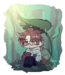 Rule 34 | 1boy, ahoge, animal ears, animal hands, black pants, brown eyes, brown hair, coat, e.g.o (project moon), fox ears, fox tail, glasses, gregor (project moon), highres, leaf umbrella, limbus company, limc gil41, low ponytail, pants, project moon, rain, sitting, solo, tail, white coat
