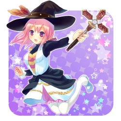 Rule 34 | hamamo, hat, mary janes, original, pantyhose, pink hair, purple eyes, shoes, solo, wand, white pantyhose, witch hat