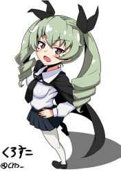Rule 34 | 1girl, anchovy (girls und panzer), anzio school uniform, artist name, cape, cro, drill hair, full body, girls und panzer, green hair, hair ribbon, highres, looking at viewer, looking back, open mouth, pantyhose, red eyes, ribbon, school uniform, solo, twintails