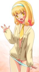 Rule 34 | 10s, 1girl, asayui, bad id, bad pixiv id, blonde hair, blush, cardigan, eyelashes, hairband, kise yayoi, necktie, no pants, open clothes, open mouth, open vest, panties, panty pull, precure, pussy, pussy juice, smile precure!, solo, uncensored, underwear, v, vest, wet, white background, white hairband, yellow eyes