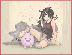 Rule 34 | 10s, 1girl, ahoge, ankle boots, bad id, bad pixiv id, black hair, boots, border, breasts, creatures (company), game freak, gen 3 pokemon, grey thighhighs, medium breasts, nintendo, over-kneehighs, pokemon, pokemon (creature), pokemon oras, red border, red eyes, short hair, short ponytail, short shorts, shorts, sitting, smile, solo focus, tank top, thighhighs, tin078, toeless footwear, whismur, zinnia (pokemon)