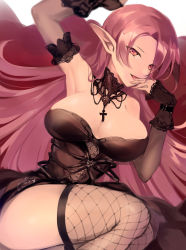 Rule 34 | 1girl, absurdres, azur lane, bare shoulders, black dress, black gloves, breasts, cross, cross necklace, dress, duke of york (azur lane), duke of york (eternal night&#039;s carola) (azur lane), duke of york (eternal night&#039;s carola) (azur lane), elf, finger in own mouth, gloves, highres, jewelry, large breasts, long hair, looking at viewer, necklace, open mouth, pointy ears, purple hair, red eyes, shika (shika0), simple background, smile, solo, thighhighs, tight clothes