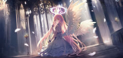 Rule 34 | 1girl, angel wings, blue archive, candlestand, capelet, closed mouth, cross, cross necklace, dress, falling feathers, feathered wings, feathers, from side, glowing, halo, highres, holding, holding jewelry, holding necklace, indoors, jewelry, long hair, looking at viewer, mika (blue archive), mixed-language commentary, necklace, pink hair, saya kuroha, scrunchie, solo, white capelet, white dress, white wings, wide shot, wings, wrist scrunchie, yellow eyes