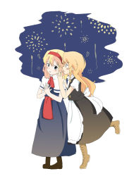 Rule 34 | 2girls, alice margatroid, apron, bad id, bad pixiv id, blonde hair, blue eyes, boots, braid, capelet, dress, fireworks, hair ribbon, heart, highres, interlocked fingers, kirisame marisa, menbou (nonnontako), multiple girls, night, night sky, no headwear, no headwear, ribbon, side braid, sky, touhou, whispering