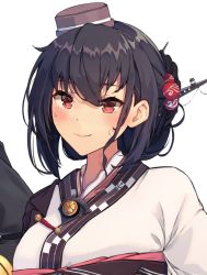 Rule 34 | 1girl, black hair, blush, closed mouth, hair between eyes, headgear, himeyamato, japanese clothes, kantai collection, kimono, long hair, long sleeves, nagato (kancolle), obi, official alternate costume, red eyes, sash, simple background, solo, upper body, white background, white kimono, wide sleeves