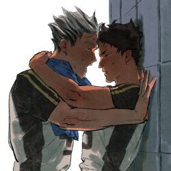 Rule 34 | 2boys, against wall, akaashi keiji, arm around neck, black hair, blush, bokuto koutarou, chengongzi123, grey hair, haikyuu!!, hands up, highres, kabedon, looking at another, male focus, multicolored hair, multiple boys, open mouth, outdoors, shirt, short hair, short sleeves, simple background, sportswear, standing, streaked hair, sweat, t-shirt, thick eyebrows, towel, towel around neck, upper body, very short hair, volleyball uniform, white background, yaoi, yellow eyes