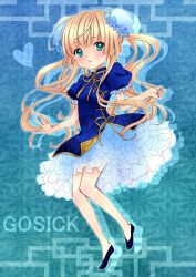Rule 34 | 1girl, alternate hairstyle, bad id, bad pixiv id, blonde hair, blue background, blunt bangs, bun cover, china dress, chinese clothes, copyright name, double bun, dress, frills, full body, gathers, gosick, green eyes, hair bun, harugamitsu, heart, highres, long hair, long twintails, looking at viewer, puffy sleeves, shoes, short sleeves, solo, twintails, very long hair, victorica de blois