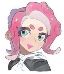Rule 34 | 1girl, aqua eyes, cephalopod eyes, commentary request, commission, cropped torso, highres, medium hair, nintendo, octoling, octoling girl, octoling player character, open mouth, pink hair, redbeanpie0, simple background, solo, splatoon (series), tentacle hair, thick eyebrows, upper body, white background