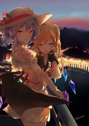 Rule 34 | 2girls, :d, alternate costume, artist name, black shirt, blonde hair, blue hair, blush, casual, commentary request, contemporary, cowboy shot, crystal, dress, dusk, flandre scarlet, hat, hat ribbon, highres, lens flare, looking at viewer, mountain, mountainous horizon, multiple girls, no headwear, one side up, open mouth, outdoors, pink eyes, pink ribbon, pointy ears, railing, remilia scarlet, ribbon, sakusyo, shirt, short dress, short hair, siblings, signature, sisters, smile, standing, touhou, white dress, wings