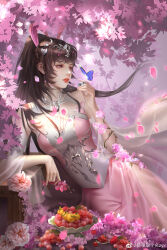 Rule 34 | 1girl, absurdres, animal ears, branch, brown hair, bug, butterfly, cherry blossoms, douluo dalu, dress, earrings, falling petals, flower, food, fruit, glowing, glowing petals, grapes, hair ornament, highres, holding, holding branch, insect, jewelry, leaning on table, long hair, parted lips, petals, pink dress, plate, ponytail, rabbit ears, solo, suibian qu ge ming zyx, table, teeth, upper body, xiao wu (douluo dalu)
