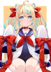 Rule 34 | 1girl, absurdres, ahoge, animal ear fluff, animal ears, black bow, black choker, blonde hair, blue eyes, blue footwear, blue hair, blue one-piece swimsuit, blue sailor collar, bow, brown background, choker, collarbone, commentary request, covered navel, dress, grin, hair between eyes, hair ribbon, hands up, highres, indie virtual youtuber, long hair, long sleeves, looking at viewer, meito (maze), multicolored hair, neckerchief, old school swimsuit, one-piece swimsuit, red bow, red neckerchief, red ribbon, ribbon, sailor collar, sailor dress, school swimsuit, shidou lio, shoes, sitting, sleeves past fingers, sleeves past wrists, smile, solo, streaked hair, swimsuit, twintails, two-tone background, very long hair, virtual youtuber, wariza, white background, white dress