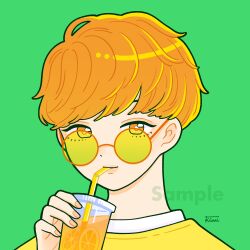 Rule 34 | 1boy, closed mouth, cup, drinking straw, drinking straw in mouth, eyelashes, fingernails, food, fruit, green background, holding, holding cup, kimi (kimixx22), orange (fruit), orange eyes, orange hair, orange slice, original, portrait, round eyewear, sample watermark, signature, simple background, solo, tinted eyewear, watermark, yellow-tinted eyewear