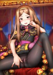Rule 34 | 1girl, blush, brown hair, capelet, chacha (fate), clothed masturbation, fate/grand order, fate (series), female masturbation, ginhaha, japanese clothes, long hair, looking at viewer, masturbation, masturbation through clothes, no panties, open mouth, pantyhose, pussy, pussy juice, ribbon, solo, spread legs, spread pussy, spread pussy under clothes, underwear