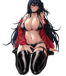 Rule 34 | 1girl, azur lane, bikini, black bikini, black choker, black footwear, black hair, black thighhighs, blush, boots, breasts, chinese commentary, choker, cleavage, closed mouth, commentary request, full body, hair between eyes, highres, huge breasts, jacket, long hair, looking at viewer, midriff, navel, official alternate costume, race queen, red eyes, red jacket, simple background, smile, solo, sweat, swimsuit, taihou (azur lane), taihou (enraptured companion) (azur lane), thigh boots, thigh sex, thighhighs, very long hair, wet, white background, yeklsa