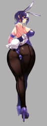 Rule 34 | 1girl, absurdres, animal ears, ass, back, bare shoulders, black ribbon, breasts, closed mouth, cuffs, fake animal ears, fishnets, gloves, gradient background, hair between eyes, hair ornament, hairclip, highres, leotard, looking back, medium hair, original, pantyhose, playboy bunny, purple hair, rabbit ears, rabbit tail, red hair, ribbon, solo, standing, tail, takamura wamu, tight clothes, white gloves
