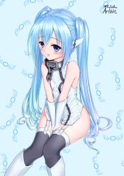 Rule 34 | 1girl, bare shoulders, between legs, between thighs, black thighhighs, blue eyes, blue hair, blush, boots, breasts, chain, collar, dress, elbow gloves, eyebrows, garter straps, gloves, hand between legs, highres, knee boots, knees together feet apart, legs together, long hair, long twintails, looking at viewer, nymph (sora no otoshimono), parted lips, robot ears, short dress, sitting, small breasts, solo, sora no otoshimono, thighhighs, thighs, traveler (artbbt), twintails, v arms, very long hair, white dress, white footwear, white gloves