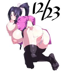 Rule 34 | 1girl, ass, black thighhighs, breast sucking, breasts, commentary request, dated, hair ribbon, hand on own thigh, hand on thigh, high ponytail, huge breasts, kousaka shigure, lactation, looking back, nipples, pobotto, ponytail, purple eyes, purple hair, purple ribbon, ribbon, self breast sucking, shijou saikyou no deshi ken&#039;ichi, simple background, solo, thighhighs, thighs, white background