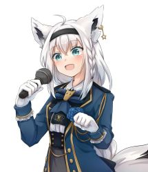 Rule 34 | 1girl, :d, ahoge, animal ears, aqua eyes, ascot, black hairband, blue jacket, bow, bowtie, braid, collared shirt, commentary, cowboy shot, ear piercing, earrings, fox ears, fox girl, fox tail, gloves, grey skirt, hair between eyes, hairband, holding, holding microphone, hololive, jacket, jewelry, kuma.fishs, long hair, long sleeves, microphone, music, official alternate costume, open mouth, piercing, shirakami fubuki, shirakami fubuki (aristocrat kei), shirt, side braid, silver hair, simple background, singing, single earring, skirt, sleeve cuffs, smile, solo, tail, underbust, victorian, virtual youtuber, white background, white gloves, white shirt