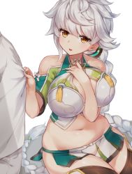 Rule 34 | 10s, 1boy, 1girl, admiral (kancolle), arm between breasts, asymmetrical hair, bad id, bad pixiv id, bare shoulders, between breasts, between legs, braid, breasts, cleavage cutout, clothing cutout, cloud print, crop top, from above, hair ornament, hand between legs, height difference, jitome, kantai collection, large breasts, light smile, long hair, looking at another, midriff, pokoten (pokoten718), remodel (kantai collection), silver hair, single braid, sitting, thighhighs, unryuu (kancolle), very long hair, yellow eyes, zettai ryouiki