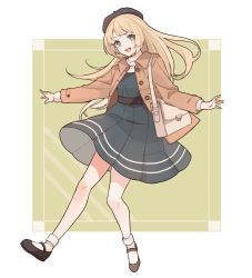 Rule 34 | 1girl, alternate costume, bad id, bad twitter id, bag, beret, black hat, blonde hair, blue dress, blue eyes, brown jacket, dress, full body, hat, jacket, jervis (kancolle), kantai collection, long hair, looking at viewer, mary janes, outstretched arms, shakemi (sake mgmgmg), shoes, smile, solo, white legwear